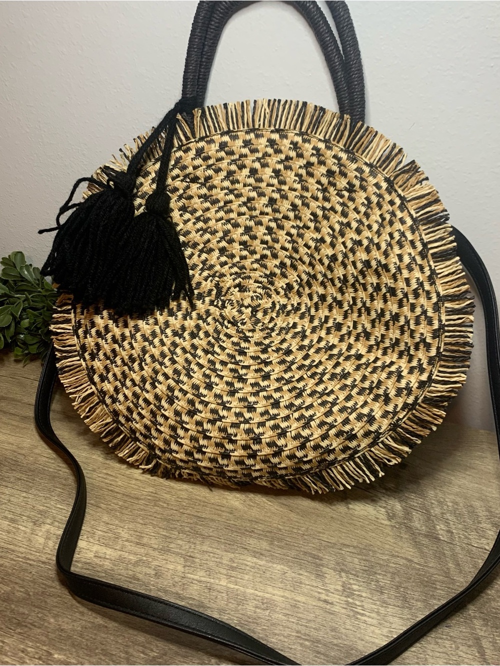 Woven Round Straw Tote Bag with Black Tassels